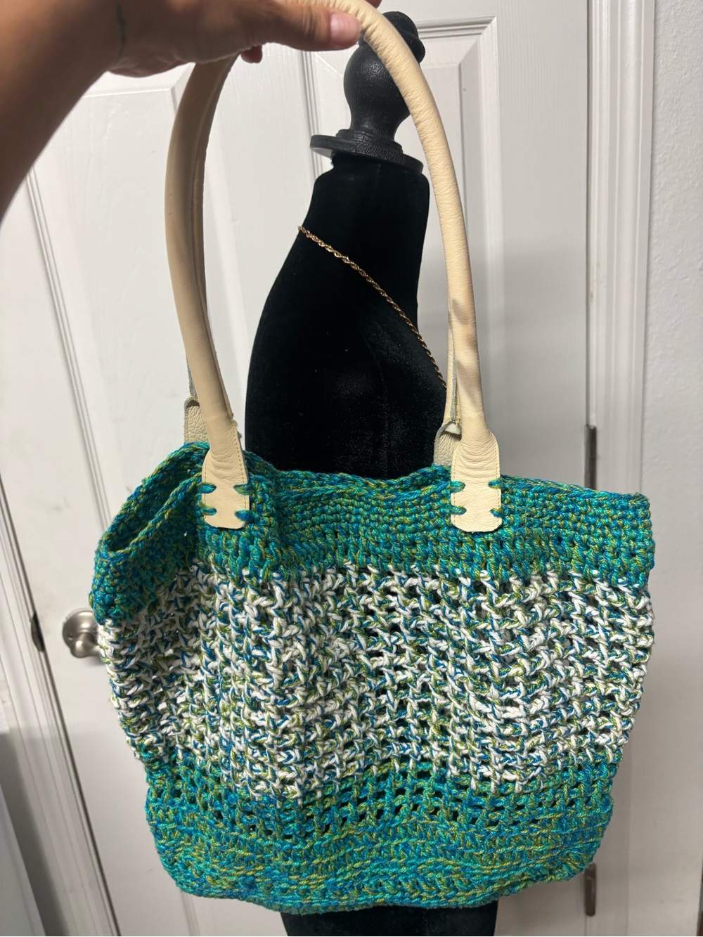 Handmade Crochet Tote Bag W/ Genuine Leather Handles Boho Coastal